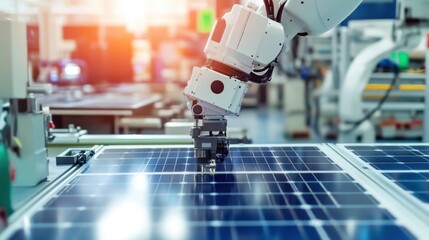A robotic arm in a high efficiency solar panel assembly plant, assembling photovoltaic modules for energy-efficient homes, Renewable-tech style