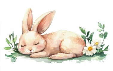 Cute sleeping bunny surrounded by green leaves and flowers, evoking feelings of serenity and nature, perfect for spring themed designs and children s illustrations