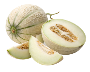 A still life of a whole honeydew melon with slices arranged on a plane surface in a studio setting transparent background