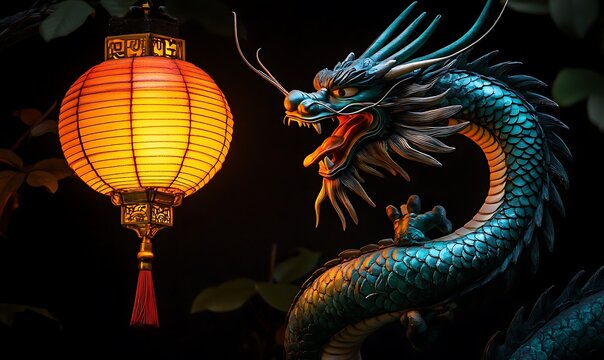 A teal dragon and a golden lantern illuminate the shadowy background