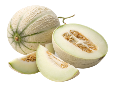 A still life of a whole honeydew melon with slices arranged on a plane surface in a studio setting transparent background