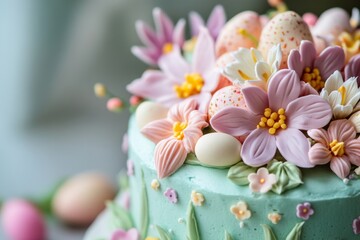 A beautifully crafted Easter cake is adorned with vibrant flowers and decorative eggs, showcasing artistic baking skills and creativity Generative AI
