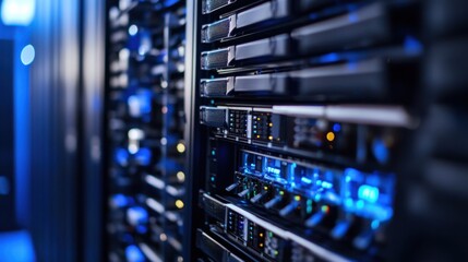 A robotic arm in a high performance computing center, assembling servers with AI precision for cloud data storage systems, IT-tech style