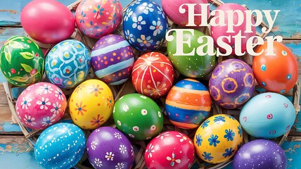Fototapeta premium Vibrant Hand-Painted Easter Eggs with Unique Artistic Patterns Colorful Designs Arranged on Rustic Blue Wooden Surface with Festive Spring Elements for a Cheerful and Joyful Easter Holiday Celebration