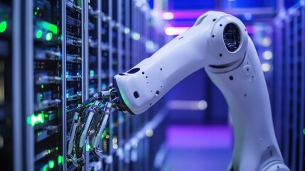 A robotic arm in a high performance computing lab, assembling server racks for supercomputing centers with AI-guided precision, IT-tech style