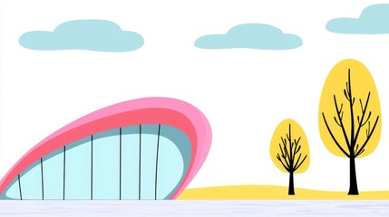 Fototapeta premium Abstract Minimalist Landscape with Pink Curved Structure and Yellow Trees