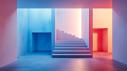 Interior architectural scene showing stairs and colorful lighting schemes
