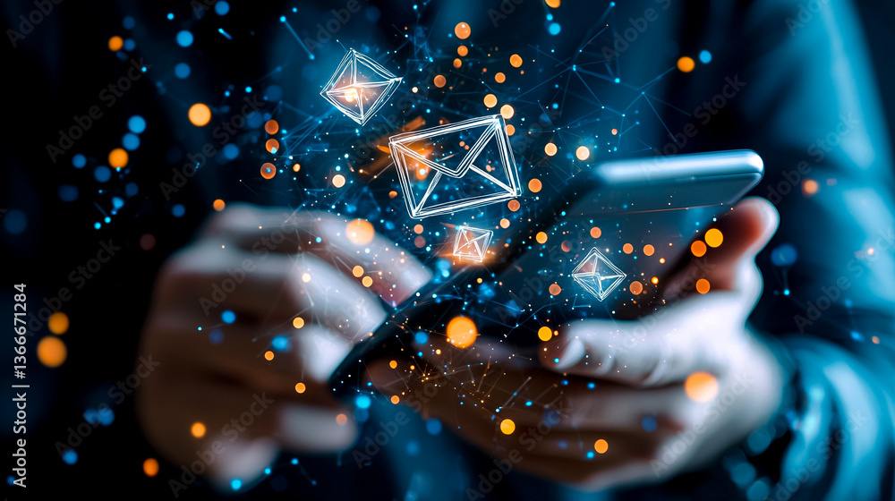 Poster digital connection: a close-up view of a person's hands engrossed with their modern smartphone. floa
