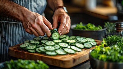 Chef slicing cucumbers kitchen prep healthy meal