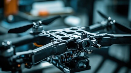A robotic arm in a high performance drone factory, assembling lightweight drone parts for professional aerial photography, Aerospace style