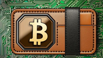 Brown Leather Bitcoin Wallet on Circuit Board Background