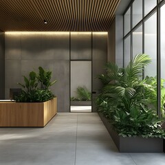 Modern interior design, a long hallway with office space on the right side and green plants in wooden pots along the wall.