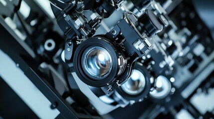 Fototapeta premium A robotic arm in a high precision optics lab, assembling lenses with AI precision for camera systems, Optics-tech style