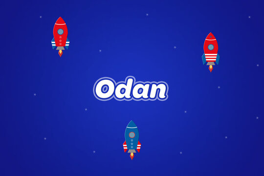 Odan male boy name illustration in blue with rockets.