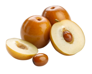 A group of jujube fruits including whole and halved pieces arranged together in a close up view shot transparent background