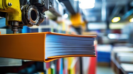A robotic arm in a high speed printing facility, precisely aligning and binding hardcover books, Printing-tech style