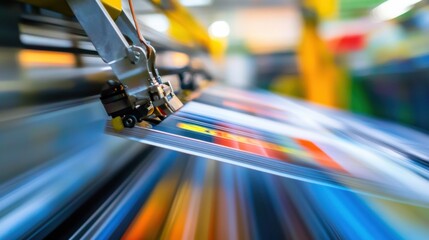 A robotic arm in a high speed printing facility, precisely aligning and binding hardcover books, Printing-tech style