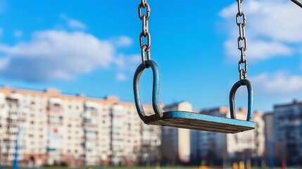 Naklejka premium Empty Blue Metal Swing Set at Urban Playground Under Sunny Sky