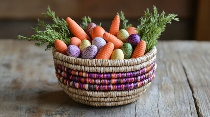 Colorful Easter Basket with Eggs and Carrot Decorations
