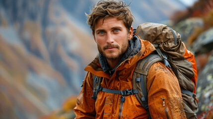 Obraz premium Caucasian Hiker on Rocky Trail – Durable Gear, Detailed Textures and Expansive Vistas. Copy space for text placement