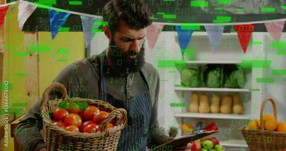 Poster man holding basket of tomatoes with digital data animation overlay
