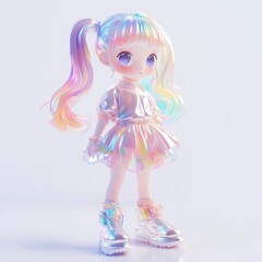 Fototapeta premium Stylish doll with pastel-colored wavy hair in pink, purple, blue, and yellow, dressed in a shiny iridescent outfit and matching platform shoes, set against a plain light background.