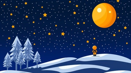 Fototapeta premium Pixel Art Night Scene Lone Figure Admires Large Yellow Moon in Snowy Landscape