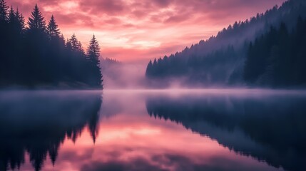 Fototapeta premium Beautiful lake with forest in the background, clouds reflecting on water, pink and blue sky, calm nature photography.