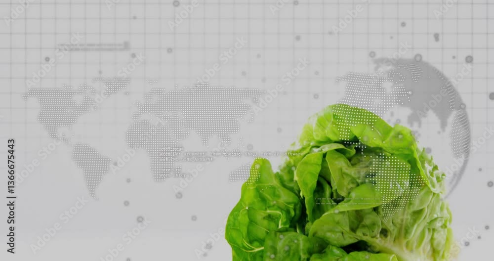 Poster fresh green lettuce with digital world map and data processing animation