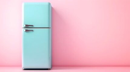 Photo of a pastel blue refrigerator on a pink background, with no text or logos visible.