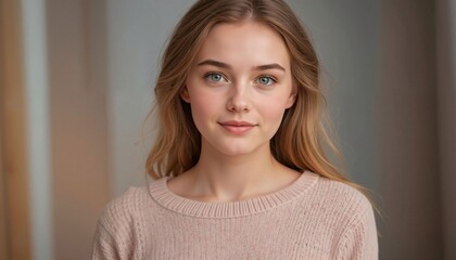 Young Woman with Brown Hair and Blue Eyes, Close-up Portrait