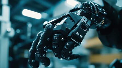 A robotic arm in a high tech defense engineering facility, assembling smart body armor with adaptive materials for soldiers, Military-tech style
