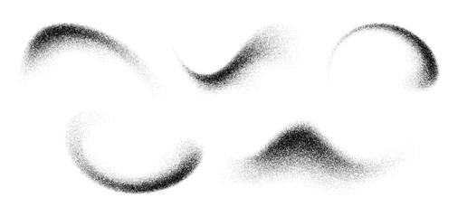 Noise grain wave spray, texture grainy dot brushes with smooth, gradient shading effects. Vector set of irregularly shaped black dust, sand or particle scattered specks, abstract, textural pattern