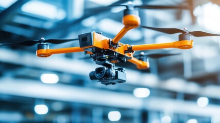 A robotic arm in a high tech drone facility, assembling autonomous drones for surveillance missions with AI-guided precision, Drone-tech style