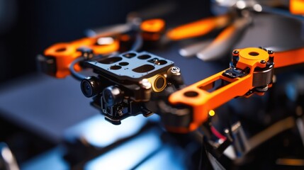 A robotic arm in a high tech drone facility, assembling surveillance drones with AI-enhanced cameras and flight systems, Drone-tech style