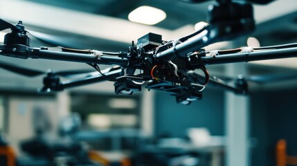 Fototapeta premium A robotic arm in a high tech drone manufacturing facility, assembling multi-functional drone arms for aerial surveying, Drone-tech style