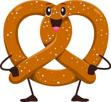 Cartoon funny fast food character of pretzel bread with happy face, vector personage. Cute smiling pretzel pastry with salt and cute funny face for pastry character and kids fast food snacks menu