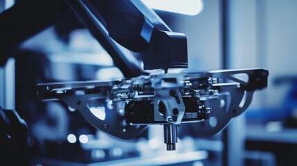 Fototapeta premium A robotic arm in a high tech drone manufacturing lab, assembling autonomous aerial vehicles with precise wiring, Aerospace style