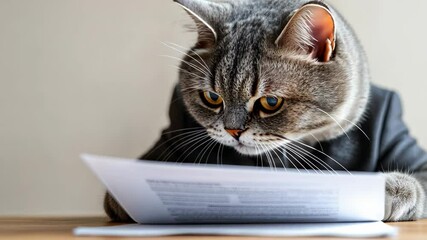 Cat in a suit examining documents on a table