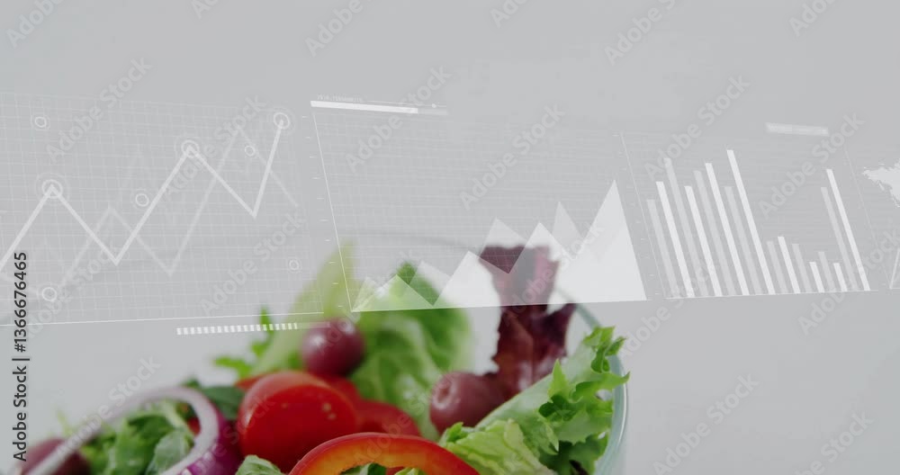 Poster overlaying data analytics graphs, fresh salad showing nutritional information