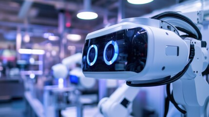 A robotic arm in a high tech electronics facility, assembling virtual reality headsets with AI-driven precision for immersive experiences, Tech-style