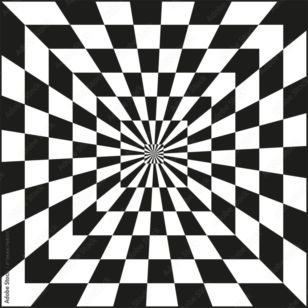 Poster optical illusion pattern. checkered black and white. dynamic geometric shapes. modern vector concept