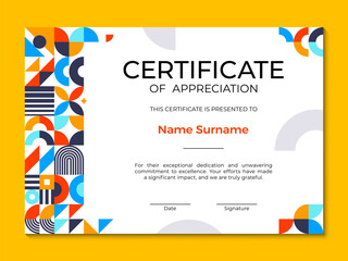 Certificate template with abstract geometric pattern, shapes and vibrant colors. Vector award background, honor diploma, recognition trophy frame with placeholders for name, and signature fields