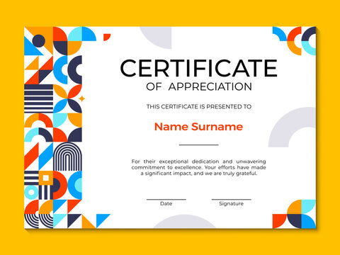 Certificate template with abstract geometric pattern, shapes and vibrant colors. Vector award background, honor diploma, recognition trophy frame with placeholders for name, and signature fields