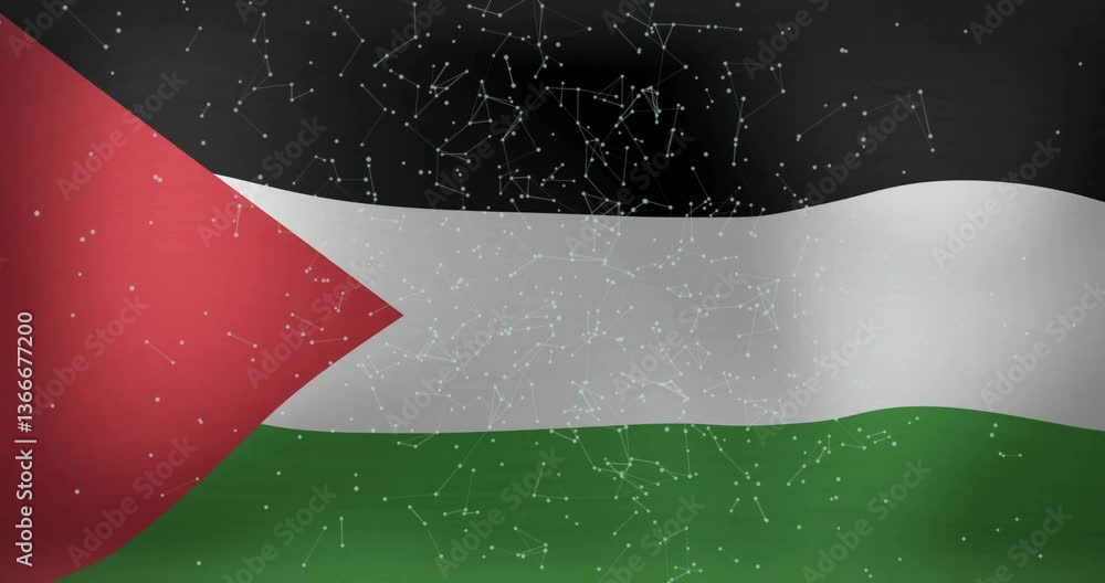 Poster palestinian flag with network of connections and data processing animation overlay