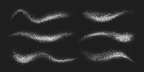 Realistic powder salt white dust splashes set. Vector 3d scattered rock and sea salt crystals with grainy powder texture on dark transparent background. Natural food seasoning and cooking ingredients