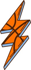 Cartoon groovy sport lightning bolt with basketball ball texture, featuring bold orange and black curved lines, outlined in brown edges, merging sports and energy themes in a striking retro y2k vibe