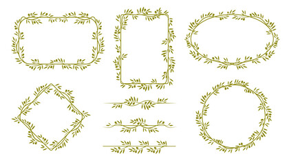 Green olive frames, dividers and borders of vector tree branches and leaves vintage pattern. Italian or greek vegetable oil, nature food and fruit plant frames with green olive tree branches wreaths