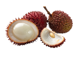 Close up of three lychee fruits one sliced revealing the white flesh and seed against an isolated area transparent background