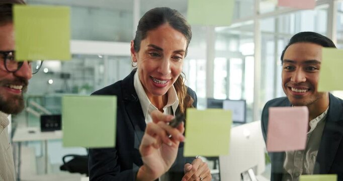 Woman, sticky note and happy by glass with team, planning or mind map for problem solving at startup. People, leader and smile with group by board for review, talk or strategy for solution at company